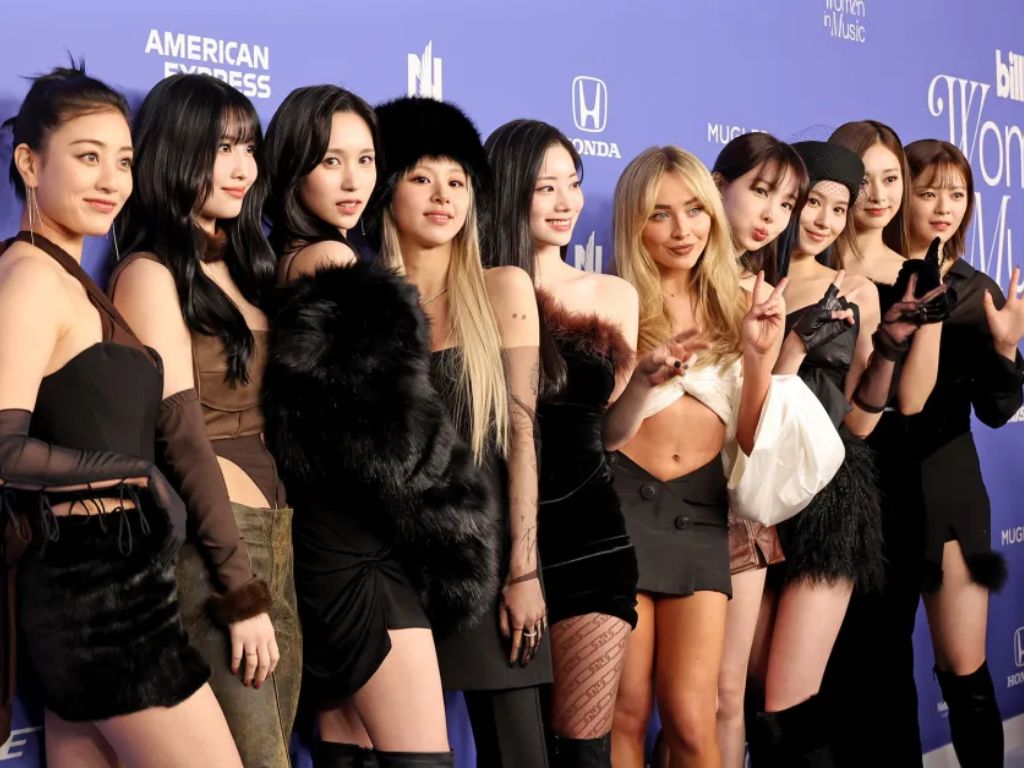 Sabrina Carpenter (5th from R) with Jihyo, Momo, Mina, Chaeyoung, Dahyun, Nayeon, Sana, Tzuyu and Jeongyeon of TWICE attends 2023 Billboard Women In Music at YouTube Theater