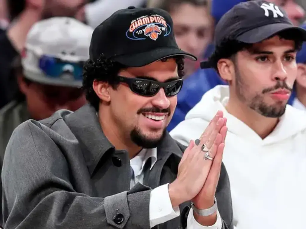 Bad Bunny watches game three of the second round for the 2025 NBA Playoffs between the Boston Celtics and the against the New York Knicks at Madison Square Garden on May 10, 2025.
