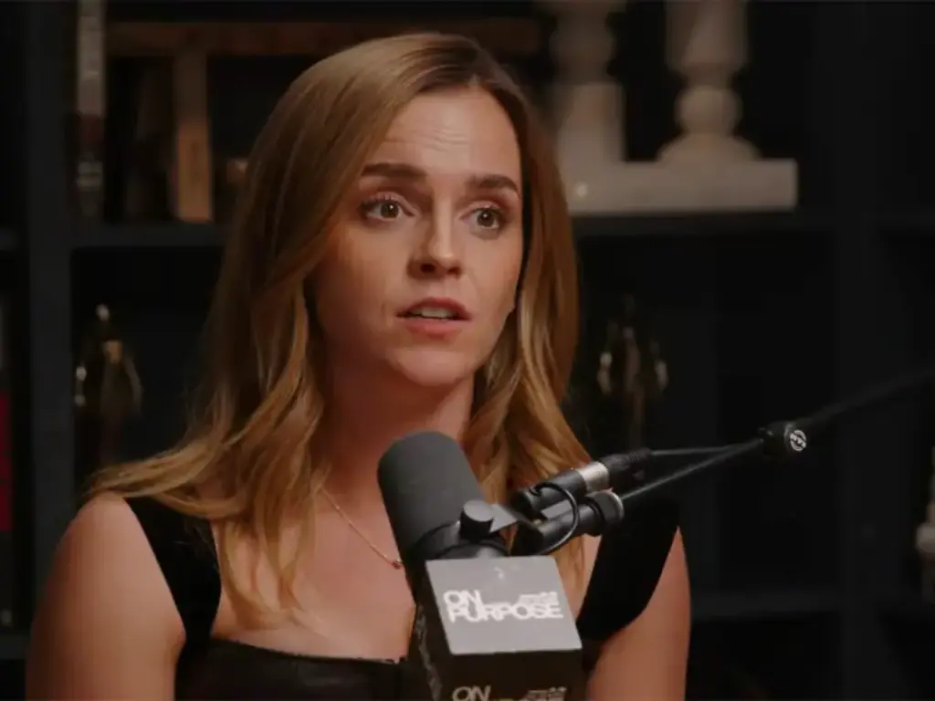 Emma Watson speaking into a microphone with "On Purpose" logo.3
Emma watson made the comments on Jay Shetty’s “On Purpose” podcast.